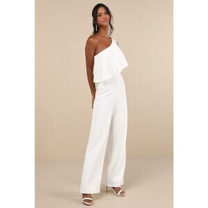 NWT Lulus Flawless Vibes White One-Shoulder Tiered Wide-Leg Jumpsuit Elegant L